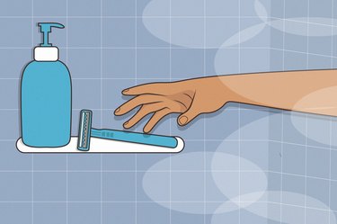 illustration of a person's hand reaching for a razor in the shower, to represent shaving pubic hair