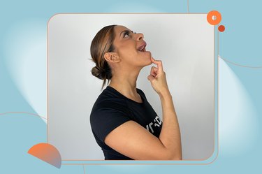 trainer demonstrating smile smoother facial exercise for jawline and chin