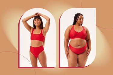 Image of two people wearing a red Girlfriend Collective brand bikini on a tan background.