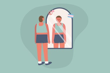illustration of trans or non-binary person looking in mirror on green background to convey concept of eating disorder prevalence in trans people