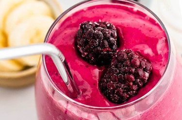 Blackberry smoothie in a glass makes a great plant protein breakfast recipe