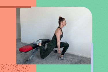 Fit person with hair in a bun does the bulgarian split squat as part of the 4-week glutes challenge