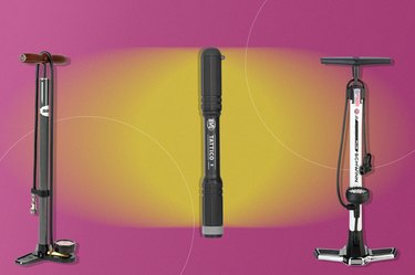 collage of the best bike pumps isolated on a pink and yellow background