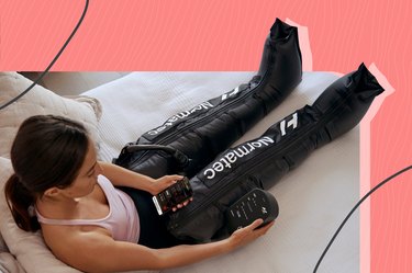 Person sitting down on couch wearing the Normatec 3 compression boots.