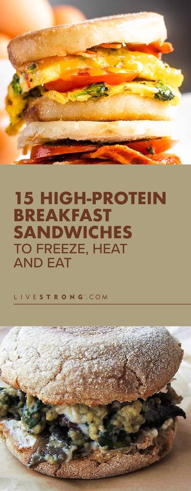 custom pin of high-protein breakfast sandwich recipes including bacon egg and cheese and portobello breakfast sandwich