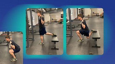 athletic man doing an elevated single-leg squat on a bench at the gym