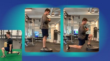 athletic man doing a drop lunge on a plate