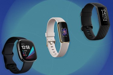 collage of the best Fitbits isolated on a blue and teal background