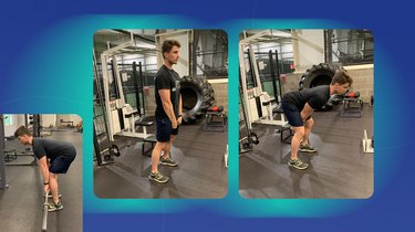 athletic man doing a cable stiff leg pull-through exercise at the gym