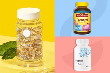 a collage of some of the best vitamin supplements for women in their 30s on a colorful background