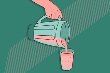 custom illustration showing a hand pouring a  smoothie from a blender into a cup.