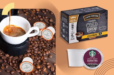 a collage of the best k cup coffee pods on an orange background