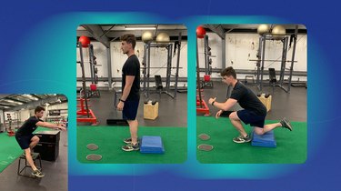 athletic man doing a single-leg squat on a blue mat