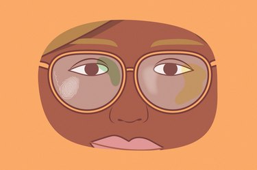 Close up illustration of a person's face with dirty glasses that need to be cleaned, against an orange background