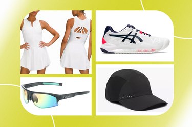 Collage of best tennis clothes for women on a yellow background.
