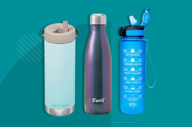 3 reusable water bottles on blue background