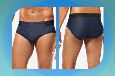 navy tommy john 360 sport brief 2.0 on a blue-green background