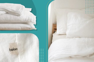 a collage of the Baloo stonewashed linen sheets on a teal background