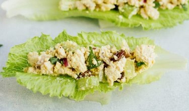 Vegan Chicken Salad on green lettuce leaves