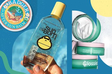 a collage of some of the best after-sun lotions and products on a blue background