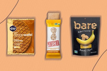collage of the best snacks for runners including Bare baked crunchy banana chips, Perfect bar and GU Stroopwafel biscuit