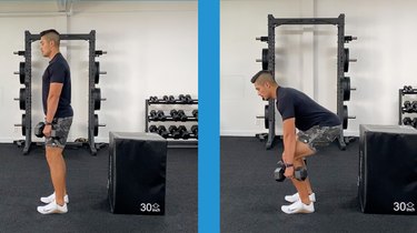 trainer Jereme Schumacher doing the dumbbell deadlift with good technique in a gym