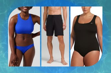 collage of the best swimsuits for every body on a blue-green background