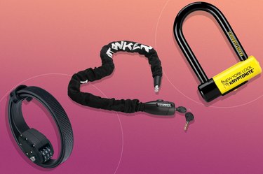 collage of the best bike locks of 2023 on a pink background