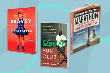 three of the best running books silhouetted against a blue background