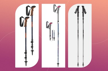 collage of three trekking poles on a pink background