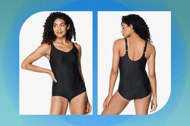 black speedo solid sweetheart one-piece on a blue-green background