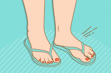 illustration of a person's feet with orange painted toenails wearing blue flip-flops, against a blue background