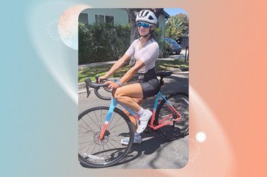 Cyclist sitting on Trek Emonda ALR 5 on multi-colored background