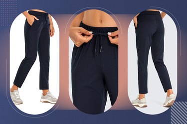 Collage of CRZ YOGA workout pants on a blue background.