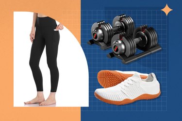Leggings, dumbbells and flat shoes on multi-colored background.