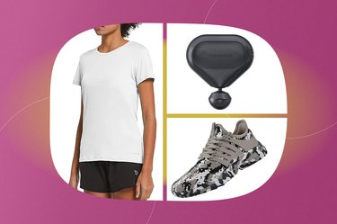 Collage of products for best Amazon Prime Day fitness deals on pink background.
