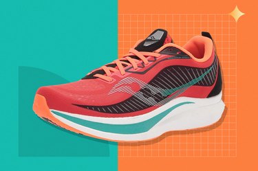 Saucony Endorphin Speed 2 on teal and orange background