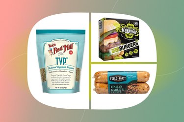 collage of the best vegan meat products including bobs red mill TVP, field roast and everything legendary