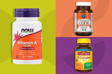 a collage of some of the best vitamins for healing after surgery on a colorful patchwork background of green, orange and purple