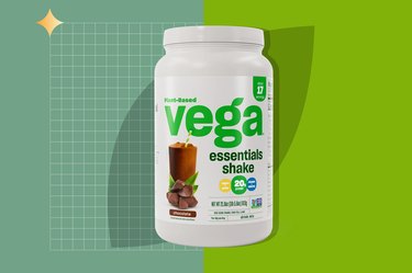 white tub of Vega Essentials Shake on custom green background