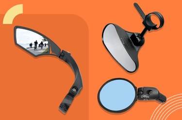 Collage of best bike mirrors on an orange background.