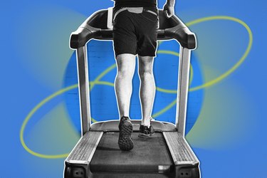Rear view of person running on a treadmill on a blue background to demonstrate what happens to your body when you do a fasted workout.
