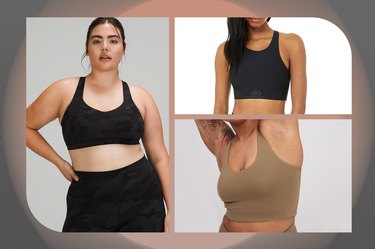 collage of three of the best yoga bras isolated on a blush background