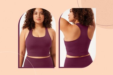 Collage of purple Girlfriend Collective Paloma Racerback Bra on peach background.