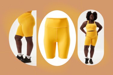 collage of yellow Girlfriend Collective High-Waisted Bike Shorts on peach background.
