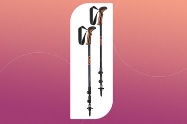 leki makalu lite cor-tec as trekking poles on a pink background