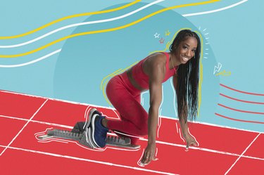 Team USA Olympic hurdler Kendra "Keni" Harrison in starting blocks on illustrated red track with blue background