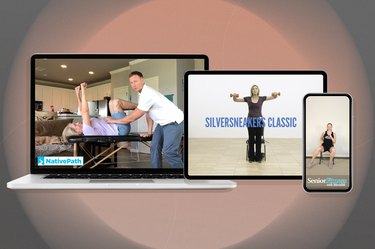 a collage a computer, tablet and phone displaying the best exercise videos for seniors isolated on a neutral background