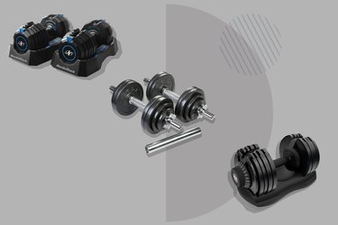 collage photo of adjustable dumbbells on a gray background