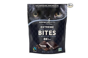 Endangered Species extreme dark chocolate bites in bag with white background.